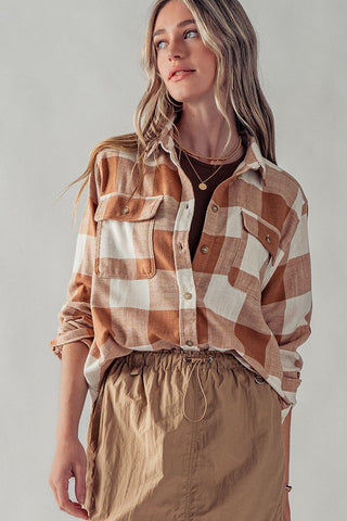 The Leah Camel Plaid Flannel Button Down Top