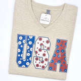 USA Floral V-Neck Graphic Tee - Patriotic Tee