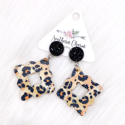 2.25" Black and Golden Leopard Dangle Lacies (cork) -Earrings