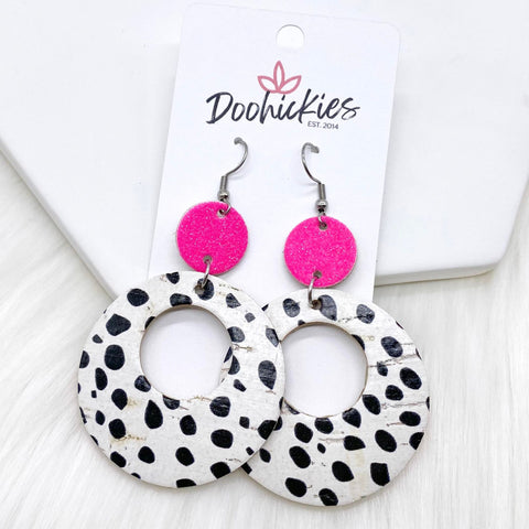 2.5” Hot Pink Glitter & Dalmatian Double O Corkies -Earrings