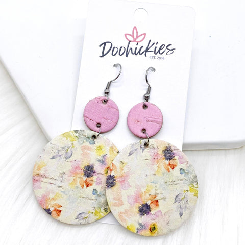 2.5" Pink & Yellow Watercolor Floral Piggybacks -Earrings