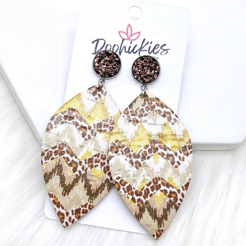 3" Rose Gold and Boho Leopard Dangle Leafs -Boho Earrings