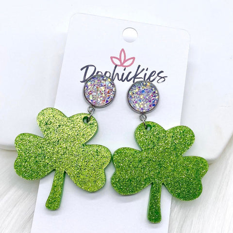 2" Crystals & Shamrock Green Glitter Shamrock Acrylic Dangles - Earrings