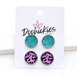 12mm Neon Leopard Duos in Stainless Steel Settings -Summer Earrings