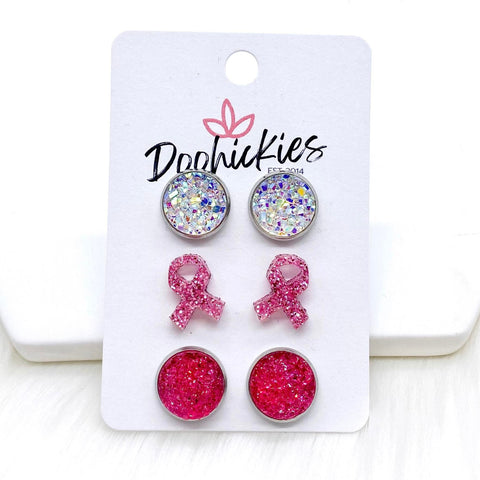 12mm Crystal/Glittery Pink Ribbons/Hot Pink Sparkles in Stainless Steel Settings - Breast Cancer Awareness Earrings