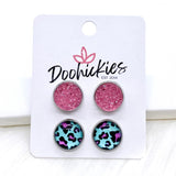 12mm Neon Leopard Duos in Stainless Steel Settings -Summer Earrings