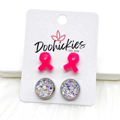 12mm Hot Pink Ribbons & Crystals in Stainless Steel Settings - Breast Cancer Awareness Earrings