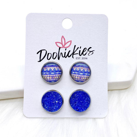 12mm Blue Aztec & Blue Sparkles in Stainless Steel Settings -Earrings