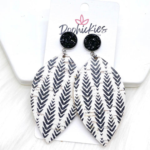 3" Black & Herringbone Dangle Leaf Corkies -Earrings