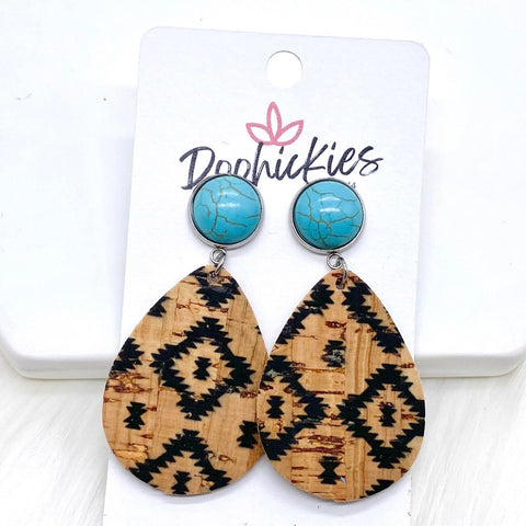 2" Blue Turquoise & Natural Aztec Dangle Corkies - Western Earrings