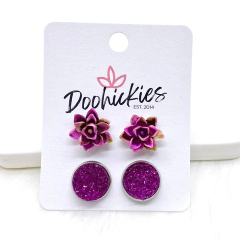 12mm Magenta/Green Succulents & Magenta Sparkles in Stainless Steel Settings -Earrings