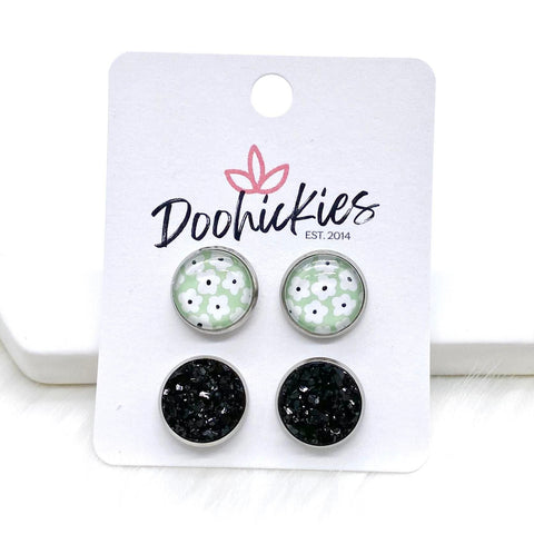 12mm Sage Daisies & Black in Stainless Steel Settings -Earrings