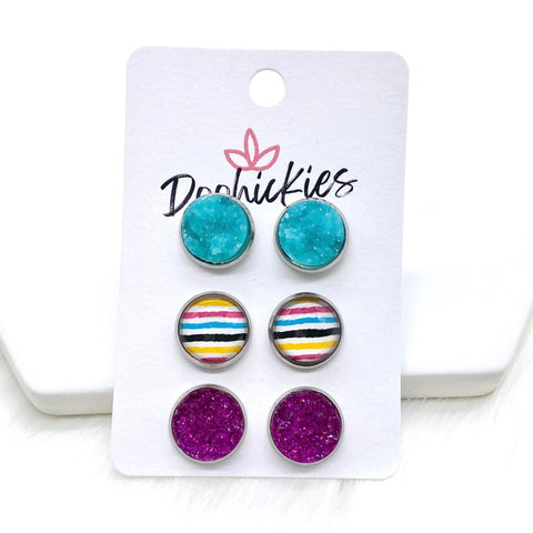 12mm Teal Ice/Funky Bright Lines/Magenta in Stainless Steel Settings -Summer Earrings