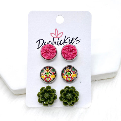 12mm Deep Pink Crystals/Yellow & Olive Floral/Olive Flowers in Stainless Steel Settings -Earrings