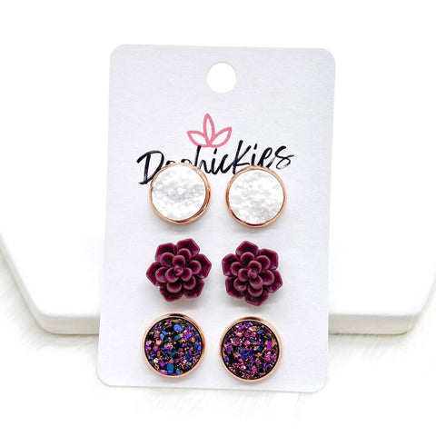 12mm White/Burgundy Succulents/Iridescent Rose Gold in Rose Gold Settings -Earrings