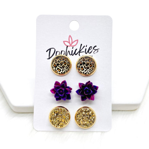 12mm Golden Leopard/Magenta Succulents/Gold in Gold Settings -Earrings