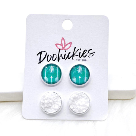 12mm Teal Arrows & White in White Settings -Earrings