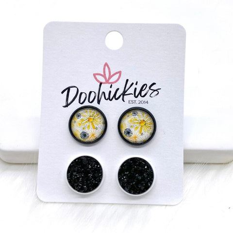 12mm Yellow/Black Flowers & Black in Black/White Settings -Earrings