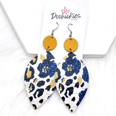 3" Mustard & Navy/Mustard Leopard Floral Leaf Corkies -Earrings