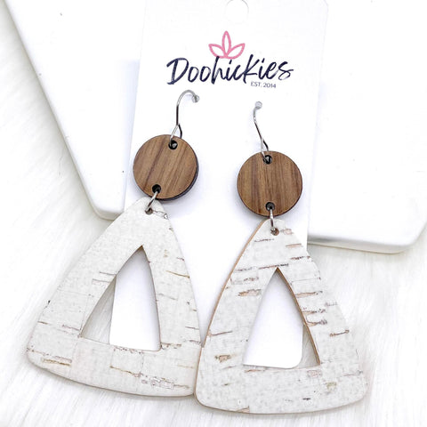 3" Wood & White Linen Triangles (Cork) -Earrings