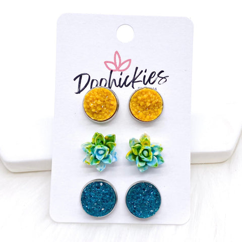 12mm Mustard Crystals/Mustard & Teal Succulents/Dark Teal Sparkles in Stainless Steel Settings -Earrings