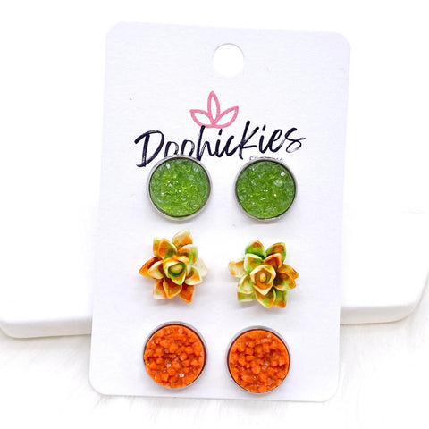 12mm Pear Sparkles/Burnt Orange & Moss Green Succulents/Burnt Orange Crystals in Stainless Steel Settings -Earrings