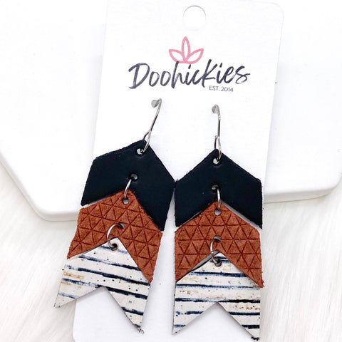 2.5" Black Chopper/Cinnamon Triangles/Vintage Striped Mini Arrows -Fall Earrings