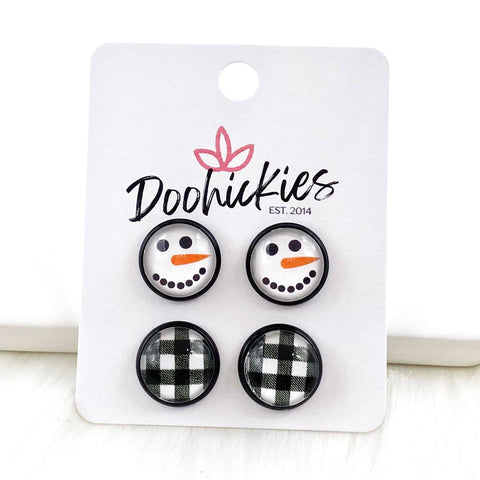 12mm Snowman & White Buffalo Plaid in Black Settings - Christmas Studs