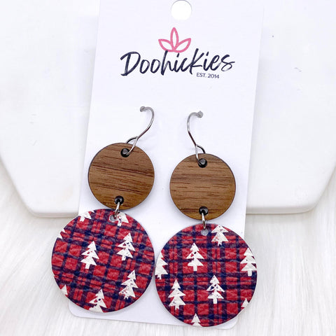 2.5" Walnut & Trees on Plaid Double Corkies - Christmas Earrings