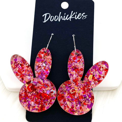 2.5" Pink & Red Chunky Glitter Bunny Ears - Easter Earrings