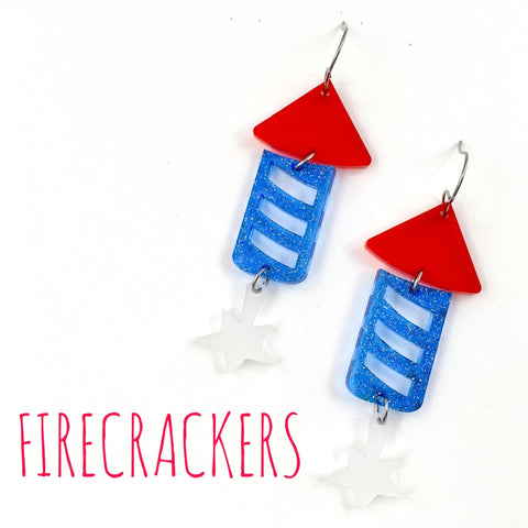 2.5" Cut Out Acrylic Firecracker -Patriotic Earrings