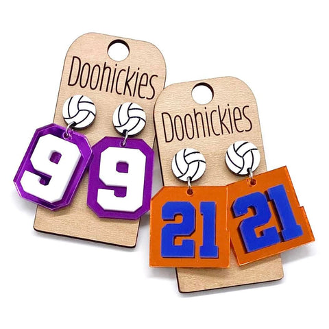 2" Layered Varsity Number Volleyball Dangles -Sports Earrings