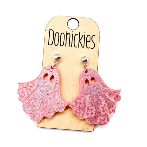 2" Pink Glitter Groovy Ghost Acrylic Dangles - Halloween Earrings