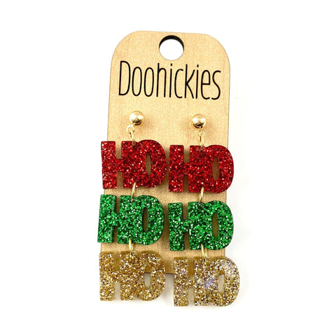 2" Traditional HoHoHo Glitter Dangles - Christmas Acrylic Earrings