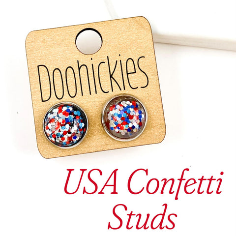 12mm USA Confetti Drops in Stainless Steel Settings - Patriotic Earrings