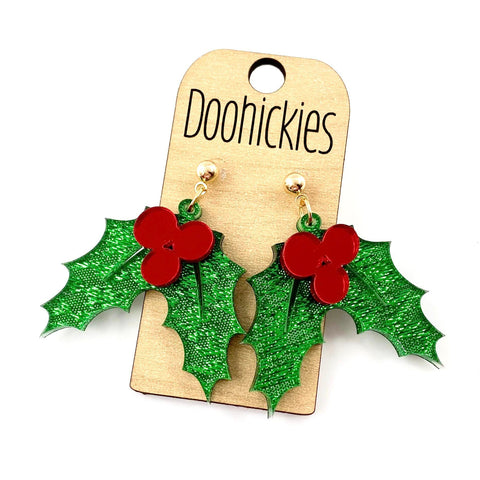 Dazzle Holly Leaf Dangles - Christmas Earrings