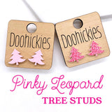 15mm Pink Leopard Swoopy Tree Studs - Christmas Earrings