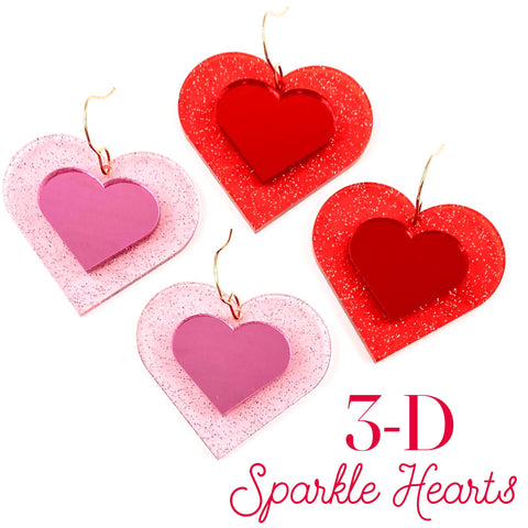 Glitter 3-D Hearts -Valentine Acrylic Earrings