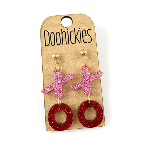 Pink and Red Glitter XO Acrylic Valentines Dangle Earrings