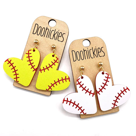 1.5" Baseball & Softball Heart Dangle Earrings - Sports Earrings