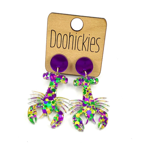 1.75" Purple Mirror & Mardi Gras Glitter Crawfish Acrylic Dangles - Mardi Gras Earrings