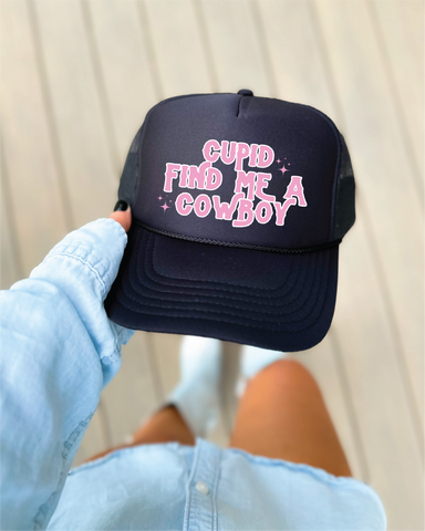 Cupid Bring Me A Cowboy DTF Printed Black Trucker Hat - PLEASE ALLOW 3-5 BUSINESS DAYS FOR SHIPPING