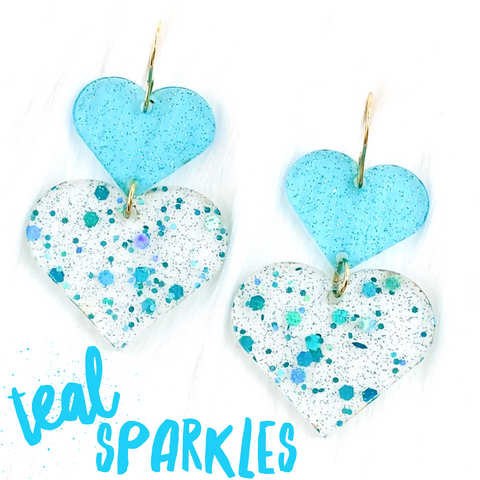 Teal Sparkle Double Hearts -Valentine's Earrings
