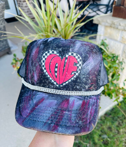 Love Checkered Painted DTF Printed Black Trucker Hat - PLEASE ALLOW 3-5 BUSINESS DAYS FOR SHIPPING