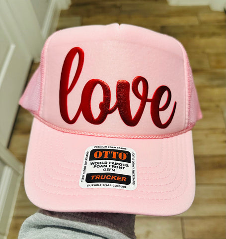 3D Puff Vinyl Love Metallic Red on Light Pink Foam Trucker Hat - PLEASE ALLOW 3-5 BUSINESS DAYS FOR SHIPPING