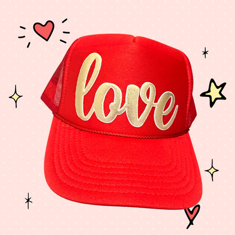 3D Puff Vinyl Love on Red Foam Trucker Hat - PLEASE ALLOW 3-5 BUSINESS DAYS FOR SHIPPING