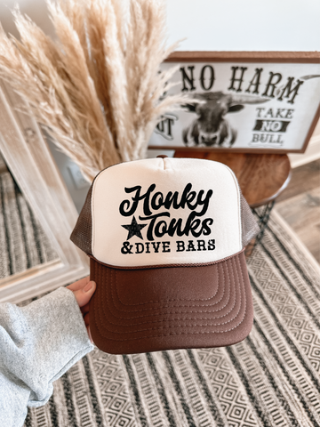 Honky Tonk Dive Bars DTF Printed Brown & Tan Trucker Hat/ Black Ink - PLEASE ALLOW 3-5 BUSINESS DAYS FOR SHIPPING