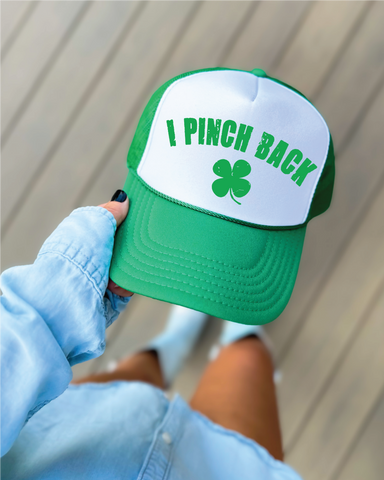 I Pinch Back DTF Printed Green & White Trucker Hat - PLEASE ALLOW 3-5 BUSINESS DAYS FOR SHIPPING