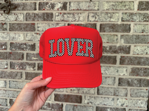 Lover Checkered DTF on Red Foam Trucker hat - PLEASE ALLOW 3-5 BUSINESS DAYS FOR SHIPPING